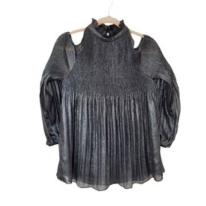 Ralph Lauren Black Metallic Cold Shoulder Blouse Accordion Plisse Details